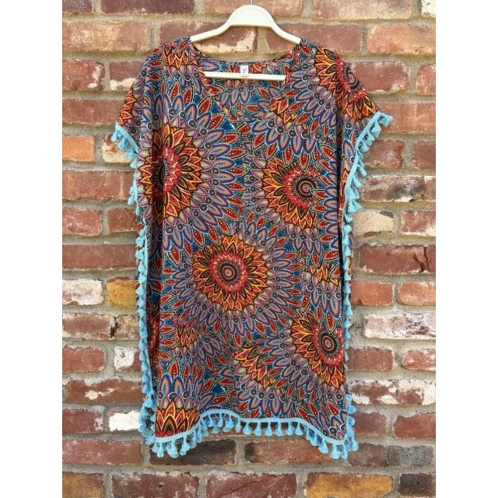 Yincro Mandala Print Kaftan Swim Cover Up Blue Tassel Trim Tunic Size B Large